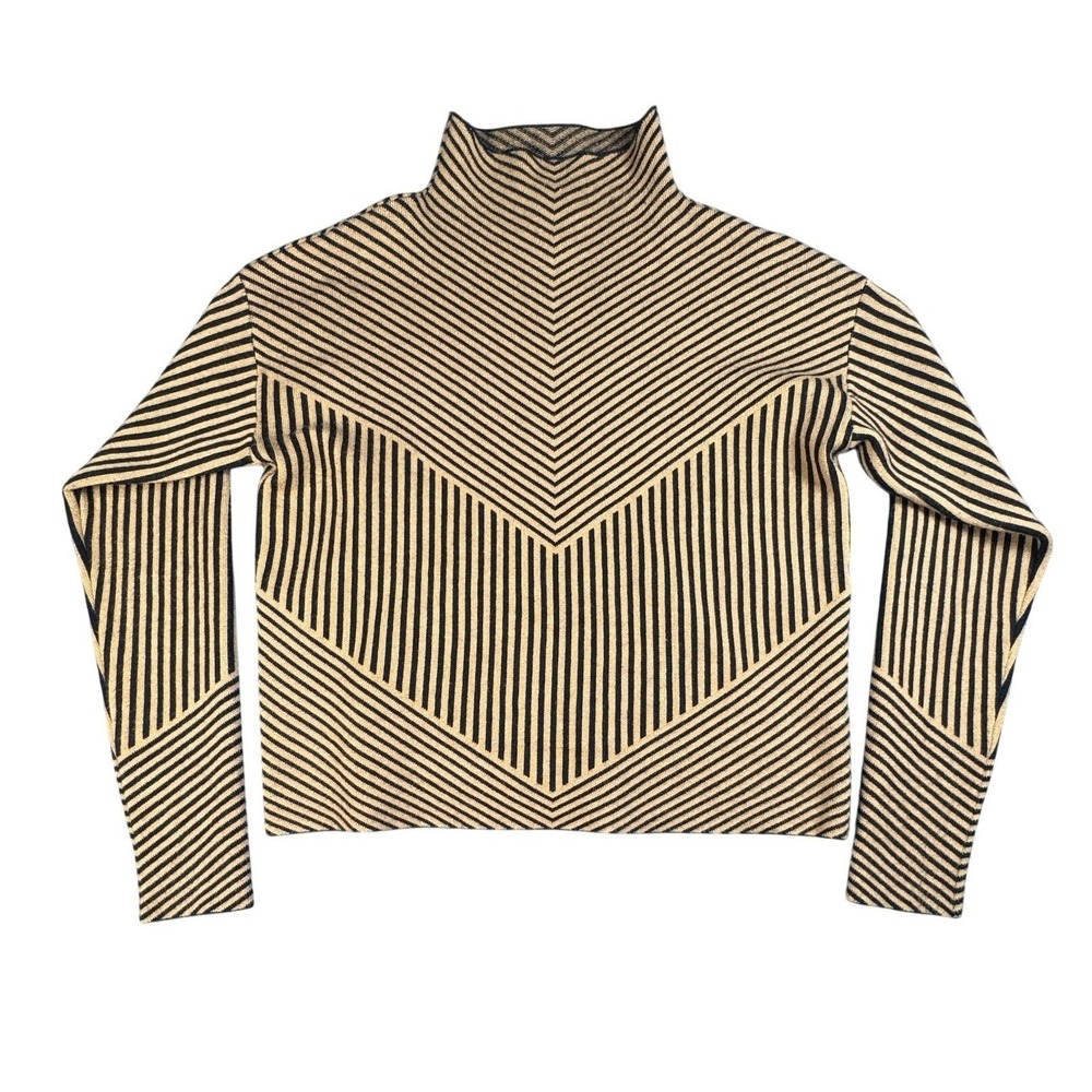Rachel Zoe Womens Chevron Sweater Tan Black Mock Neck Long Sleeve XS Modern Chic